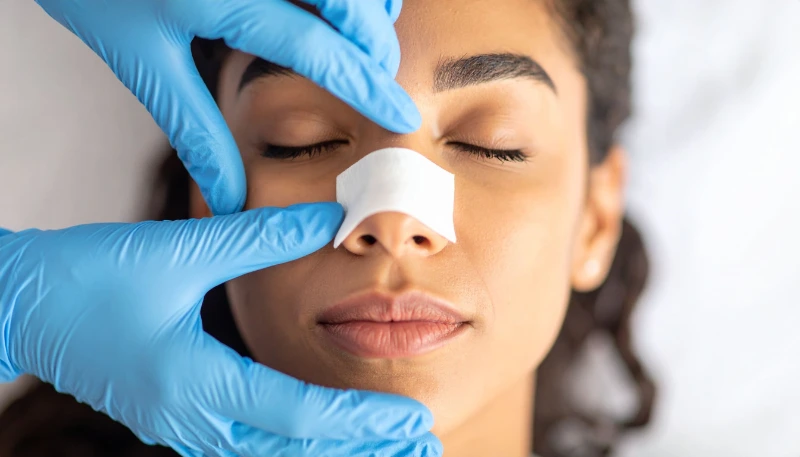 Person mit geschlossenen Augen, Bandage auf der Nase, behandschuhte Hände halten sie - Hinweis auf medizinischen Eingriff.